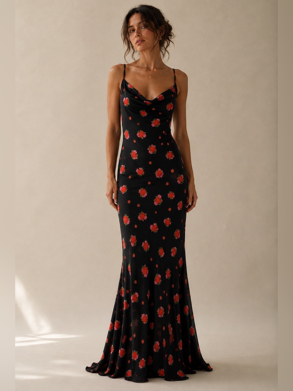 Bardot Monroe Floral Cowl Neck Slip Maxi Dress Black Red Pink